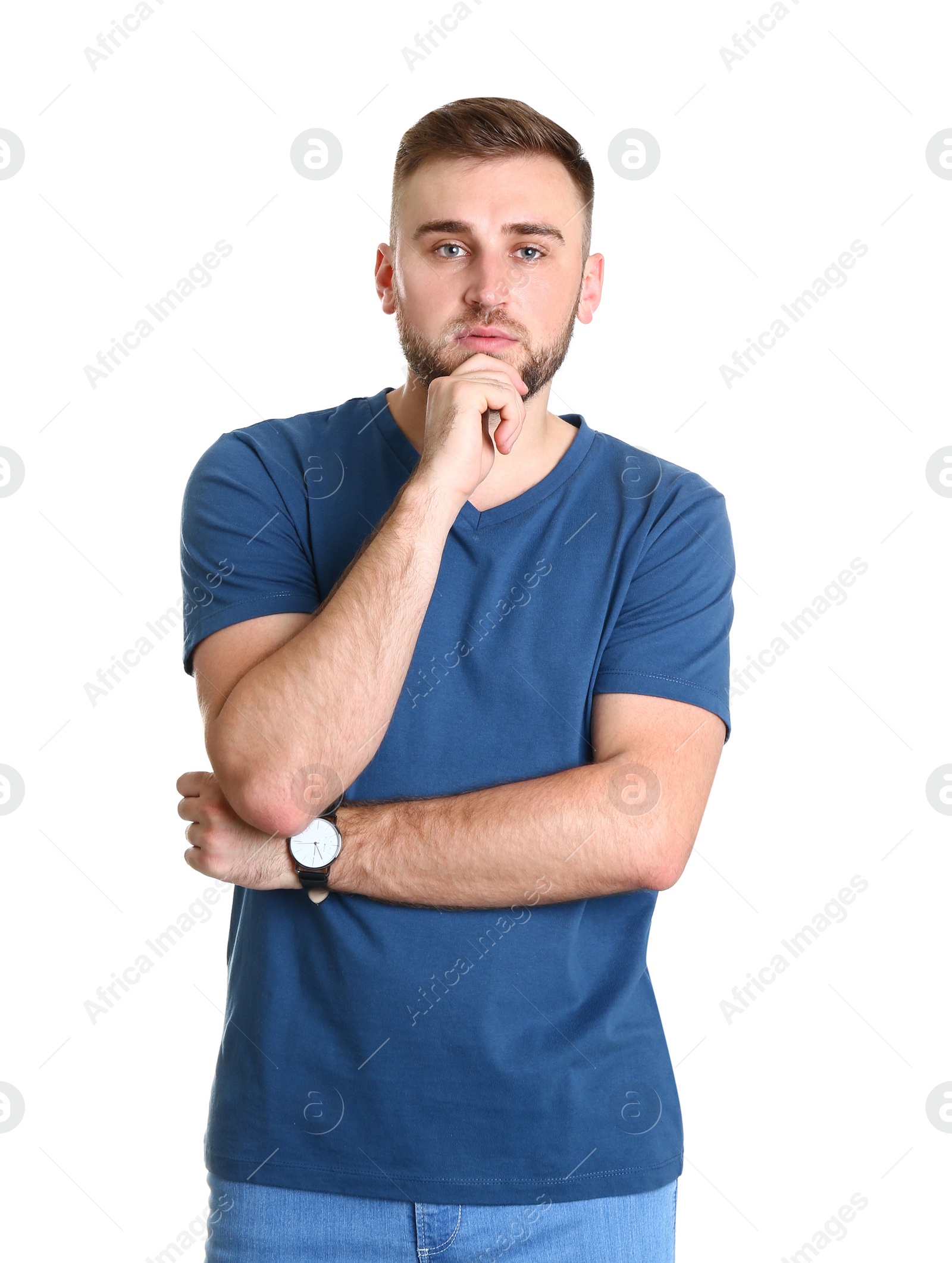 Photo of Portrait of handsome thoughtful man on white background