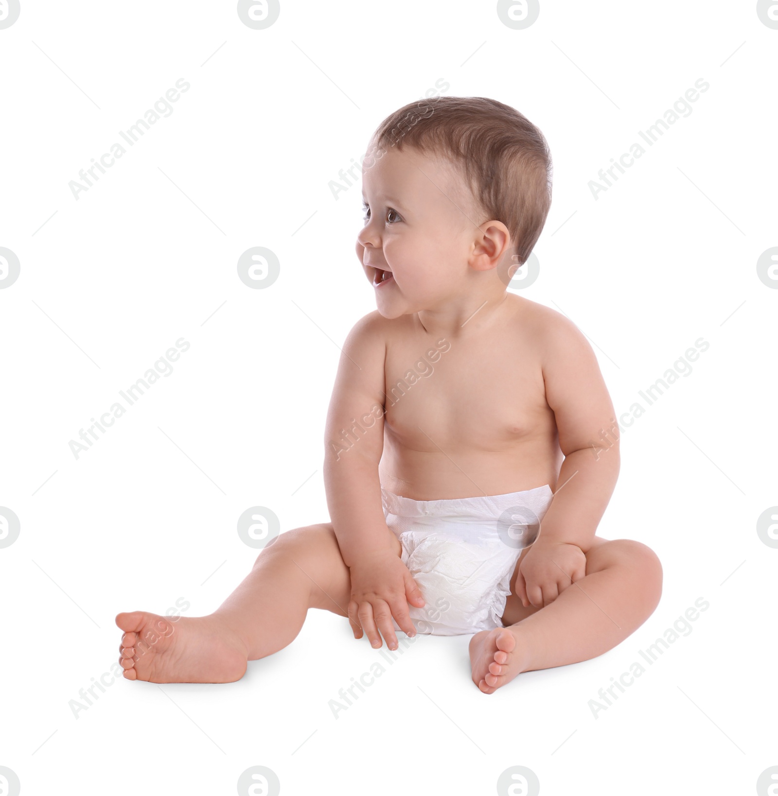 Photo of Cute baby in dry soft diaper sitting isolated on white