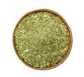 Photo of Bowl with dried parsley on white background, top view