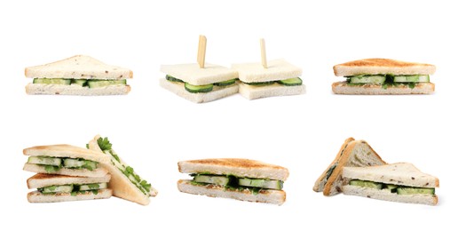 Image of Collage with tasty cucumber sandwiches on white background, banner design