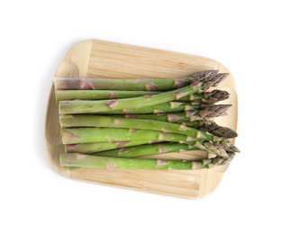 Photo of Fresh raw asparagus isolated on white, top view