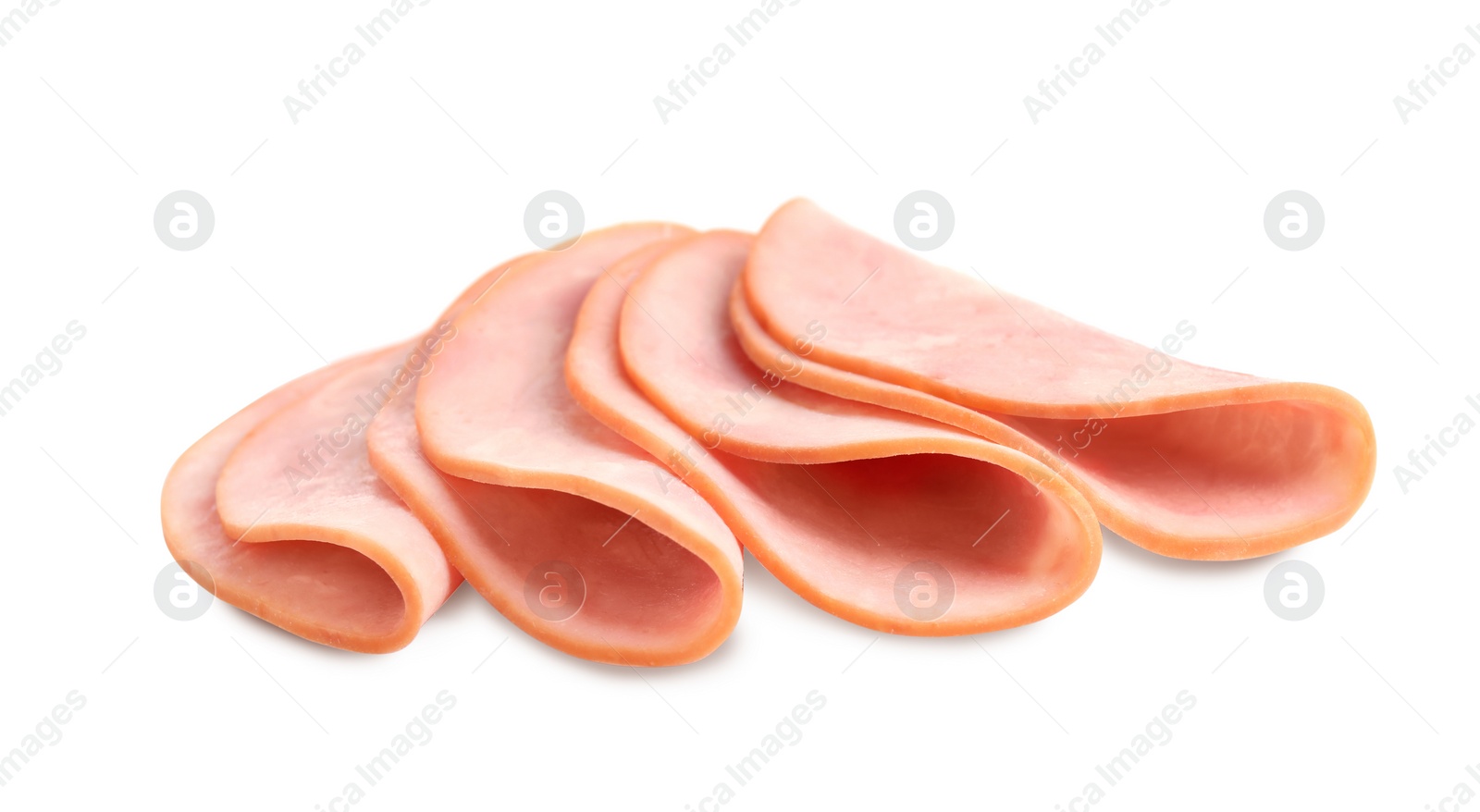 Photo of Slices of tasty fresh ham isolated on white