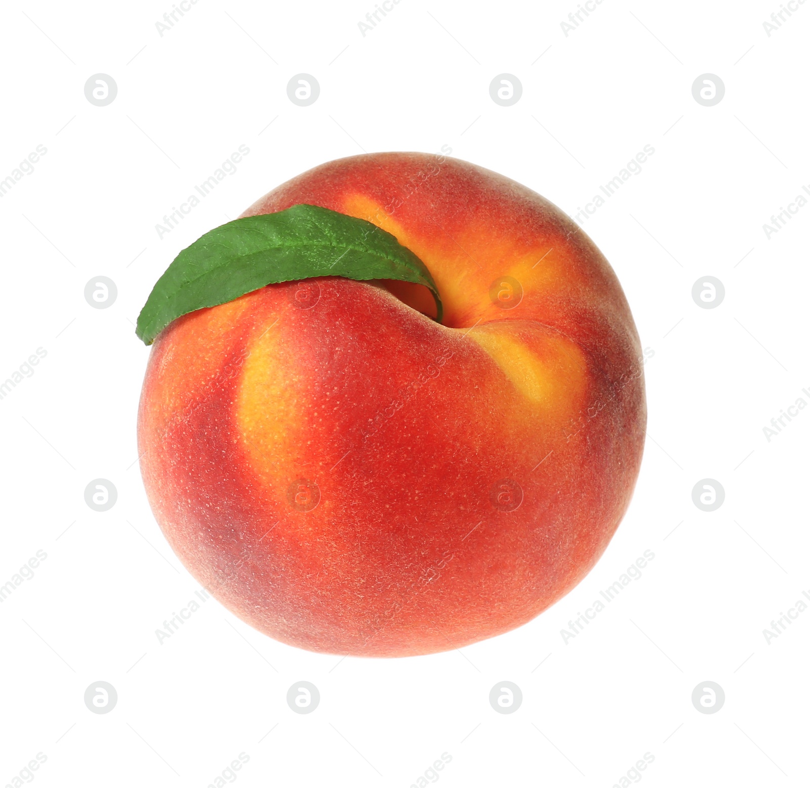 Photo of Delicious fresh ripe peach with green leaf isolated on white