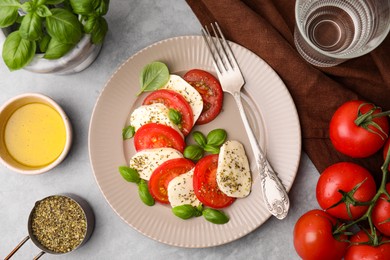 Photo of Delicious Caprese salad with tomatoes, mozzarella, basil and spices served on light grey table, flat lay