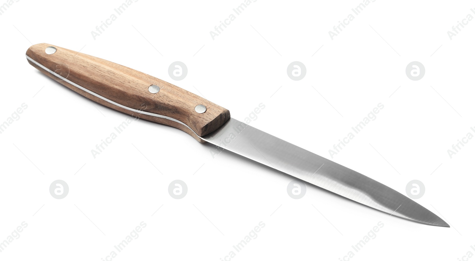 Photo of Sharp utility knife with wooden handle isolated on white