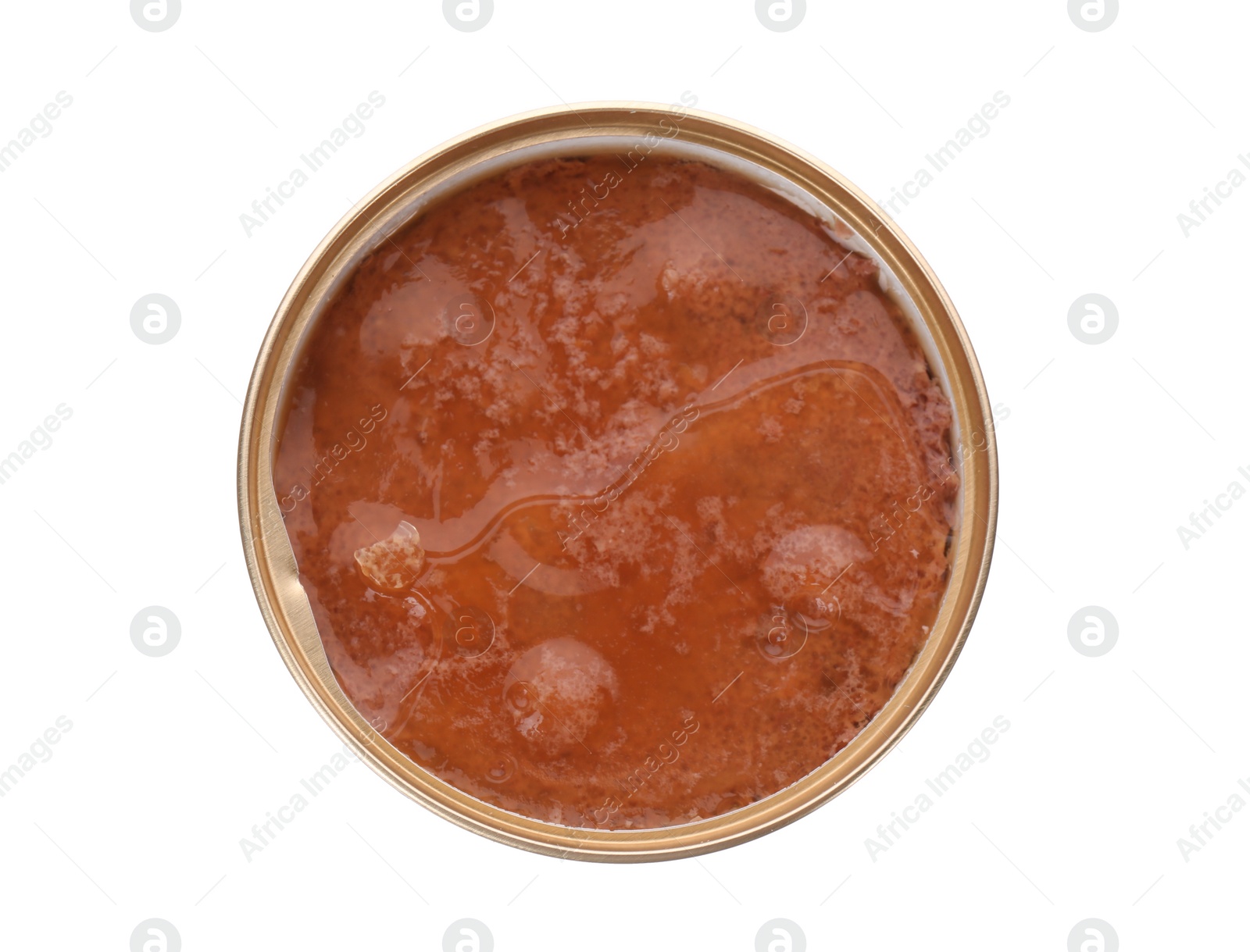 Photo of Open tin can of wet pet food isolated on white, top view