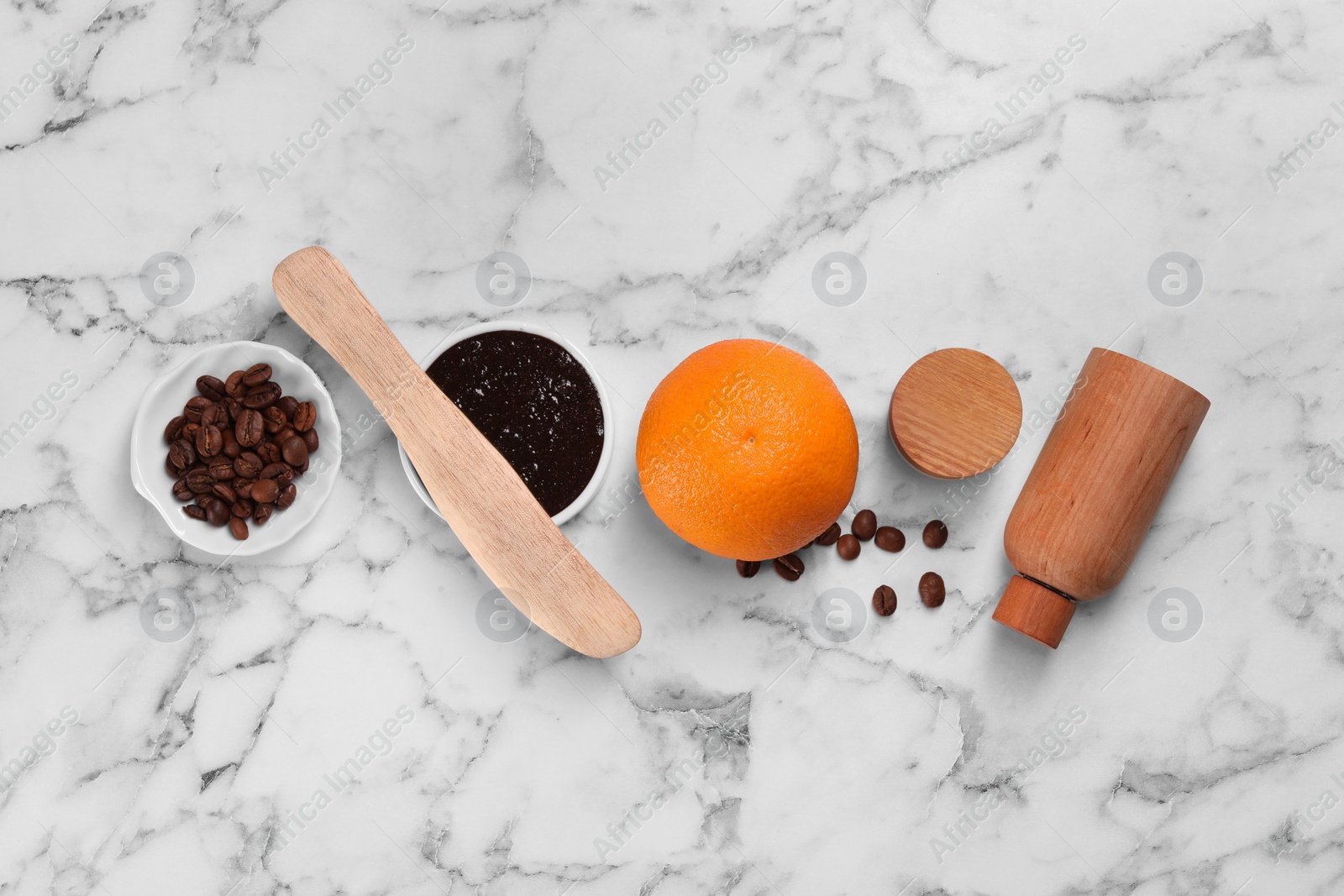 Photo of Flat lay composition with natural body scrub and fresh ingredients on white marble table. Anti cellulite treatment