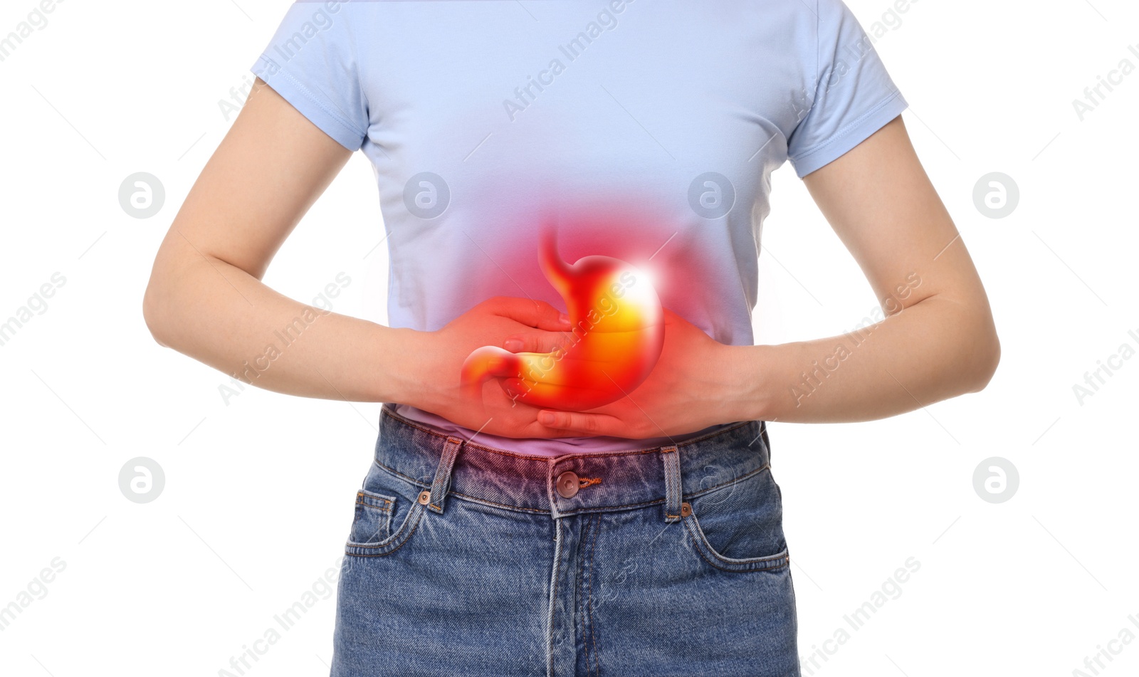 Image of Woman suffering from abdominal pain on white background, closeup. Illustration of unhealthy stomach