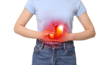 Image of Woman suffering from abdominal pain on white background, closeup. Illustration of unhealthy stomach