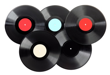 Photo of Vintage vinyl records on white background, top view