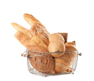 Metal basket with different kinds of bread on white background