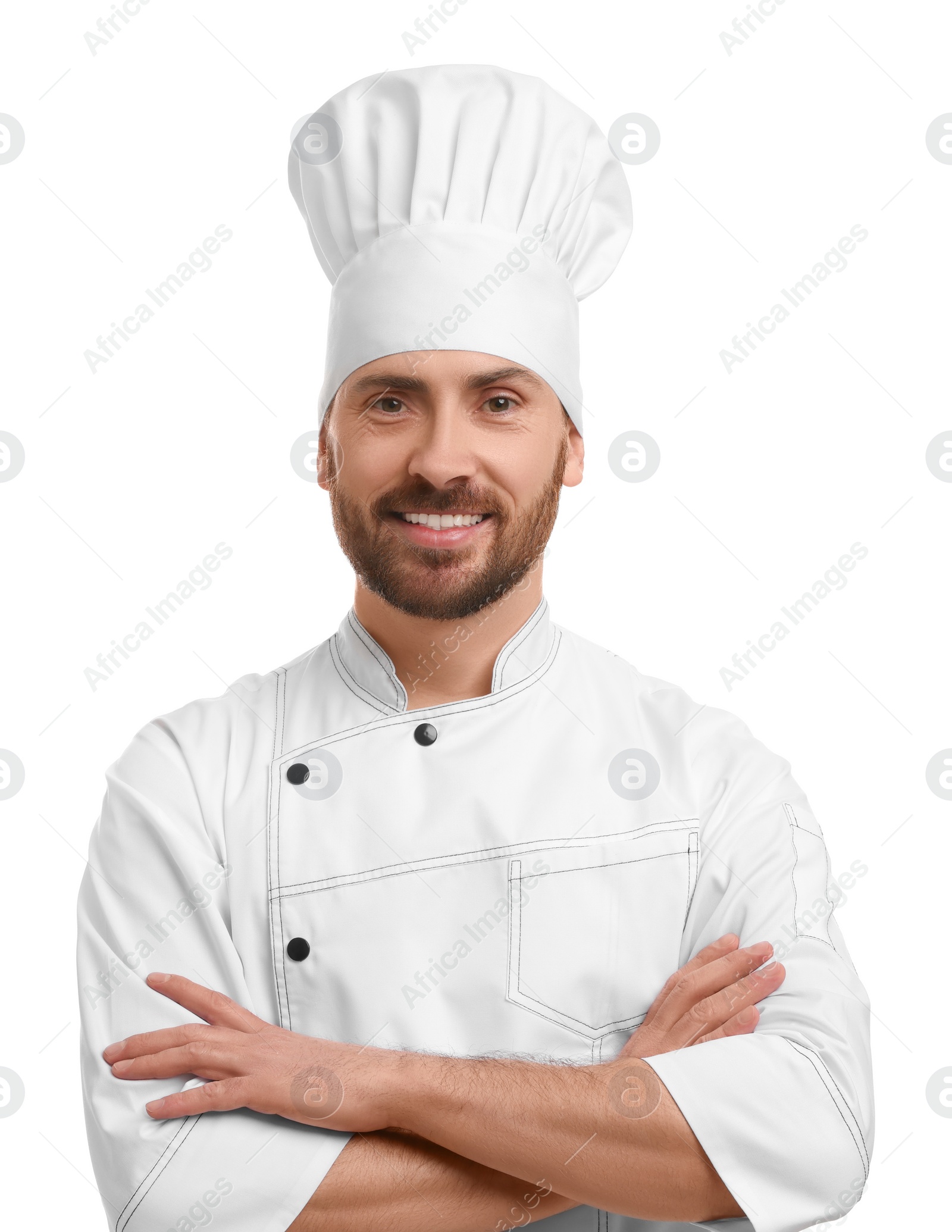 Photo of Smiling mature male chef on white background