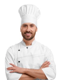 Photo of Smiling mature male chef on white background