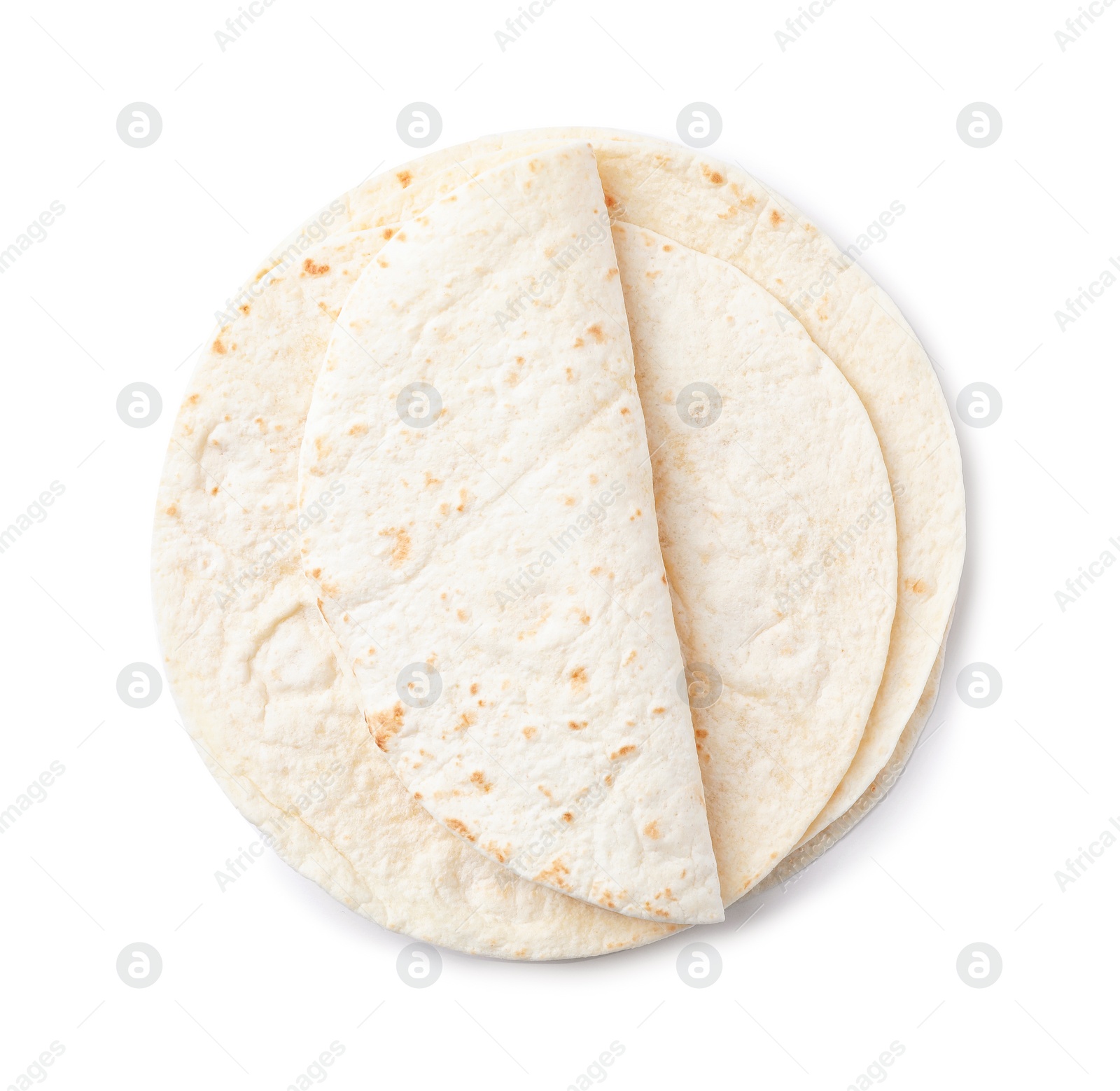 Photo of Corn tortillas on white background, top view. Unleavened bread