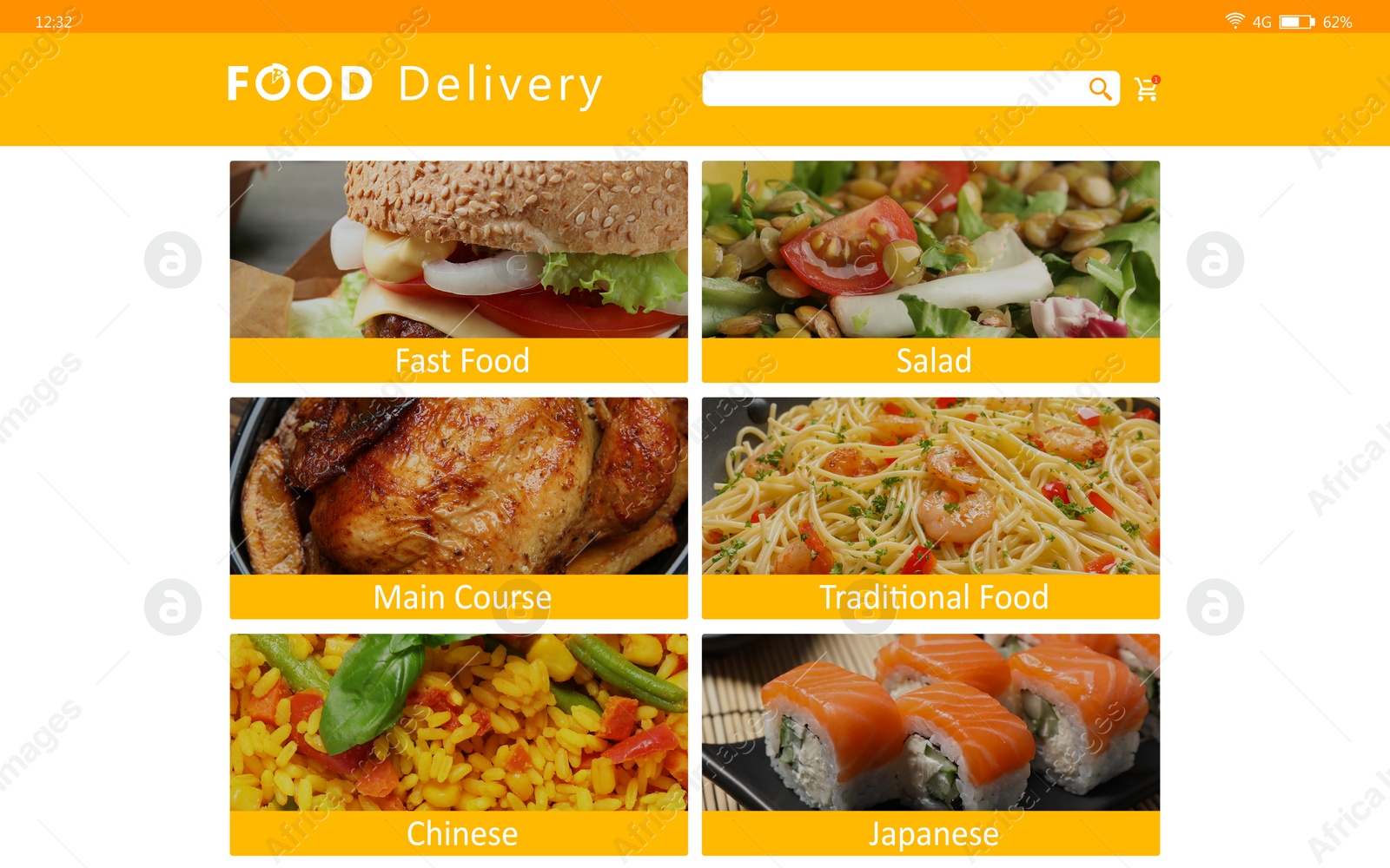 Image of Food delivery app. Display with appetizing menu