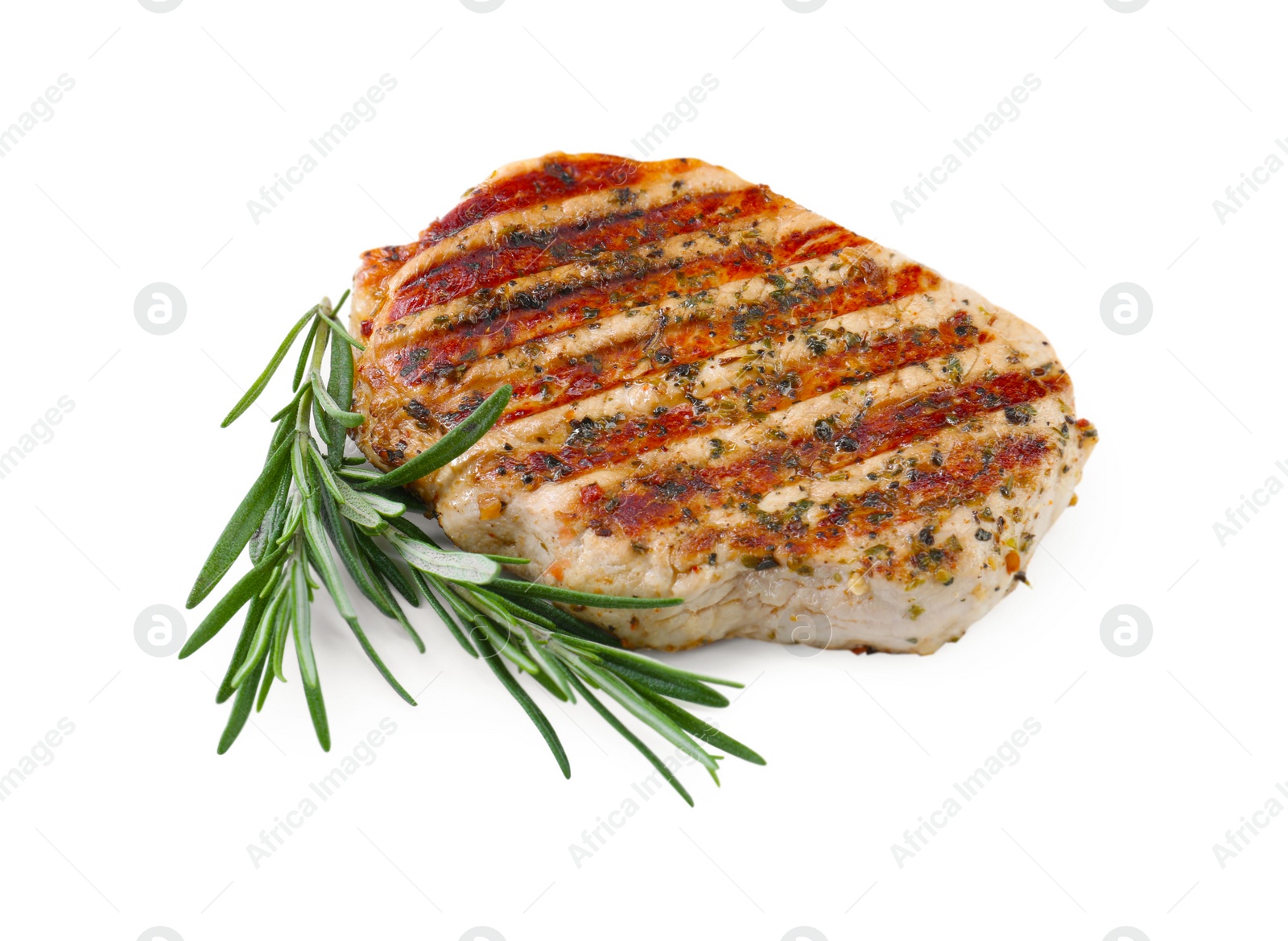 Photo of Delicious grilled pork steak and rosemary on white background