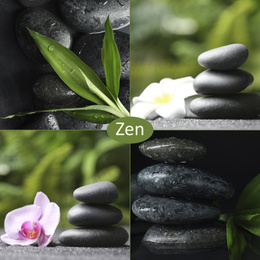 Image of Collage with photos of stones and plants. Zen and harmony