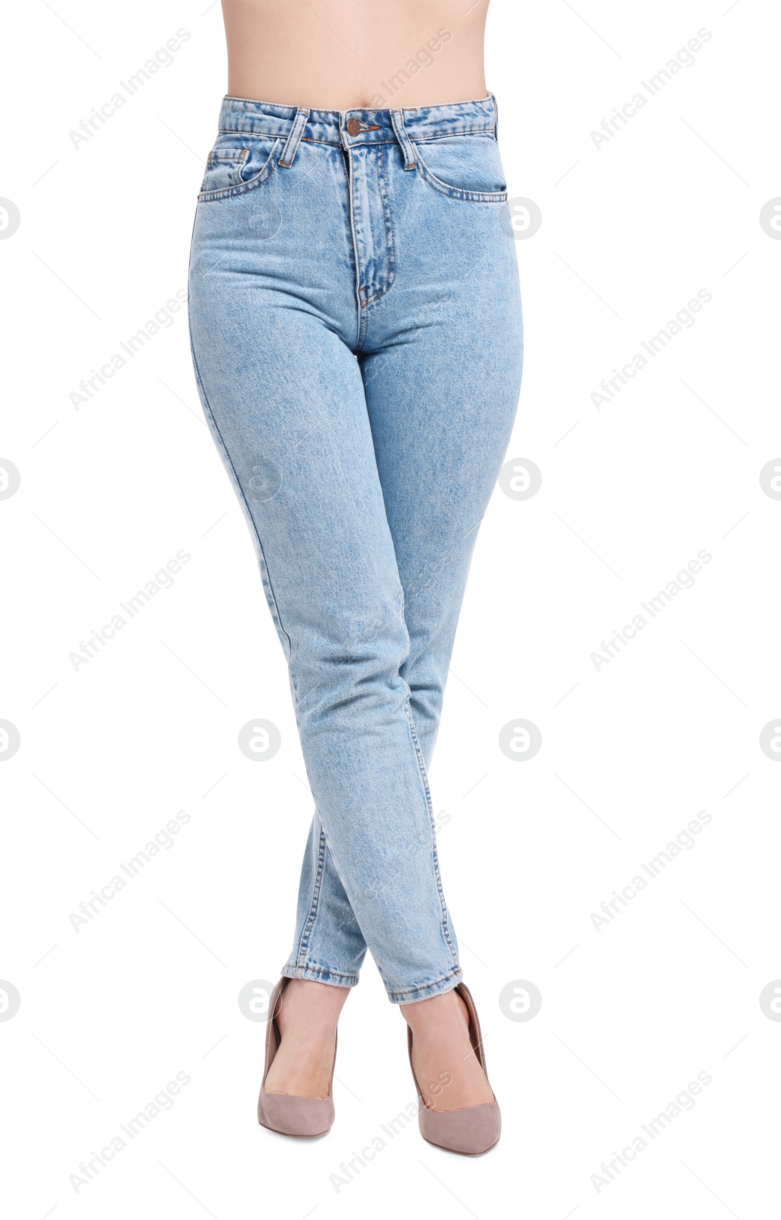 Photo of Woman in stylish jeans on white background, closeup