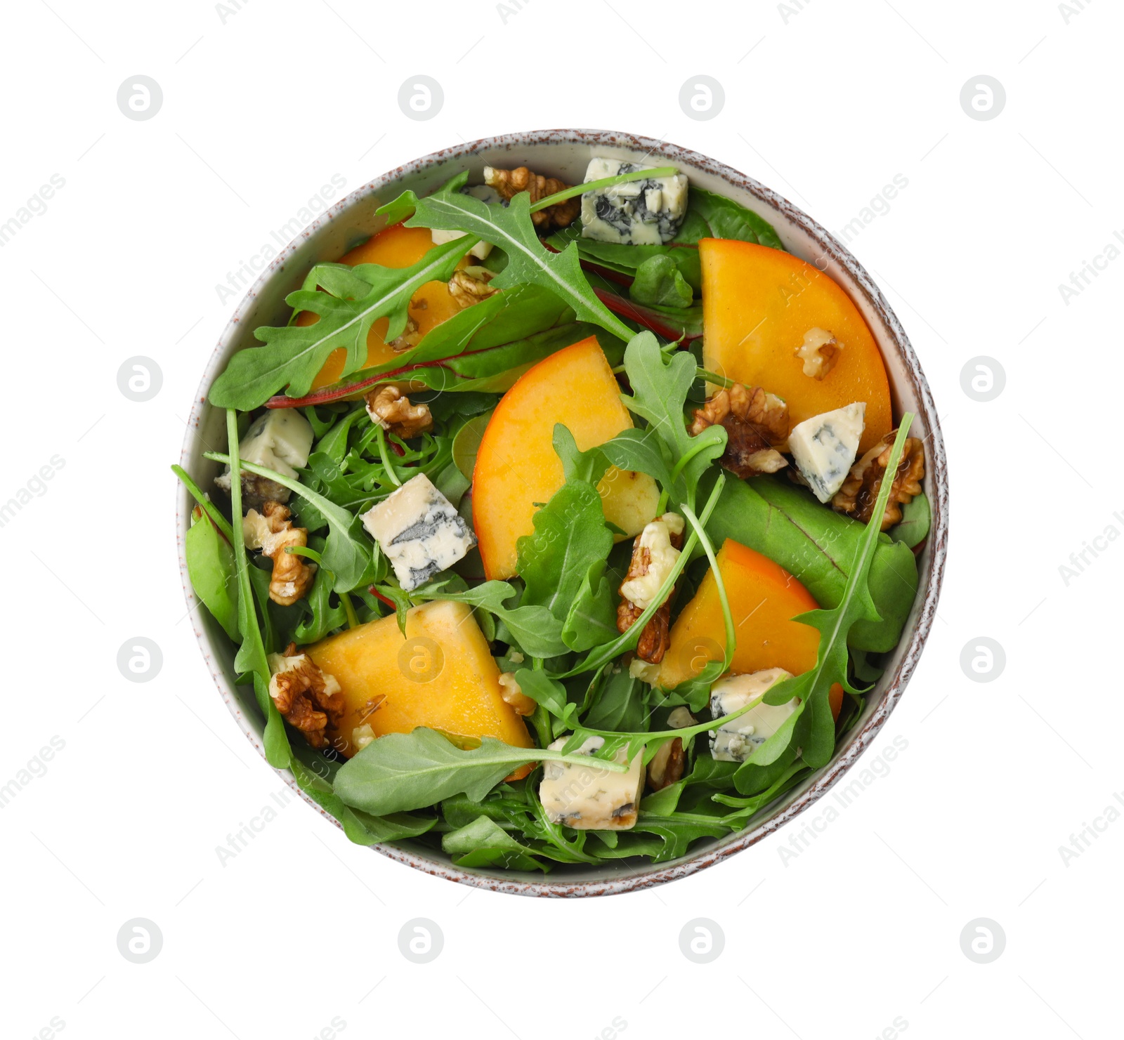 Photo of Tasty salad with persimmon, blue cheese and walnuts isolated on white, top view