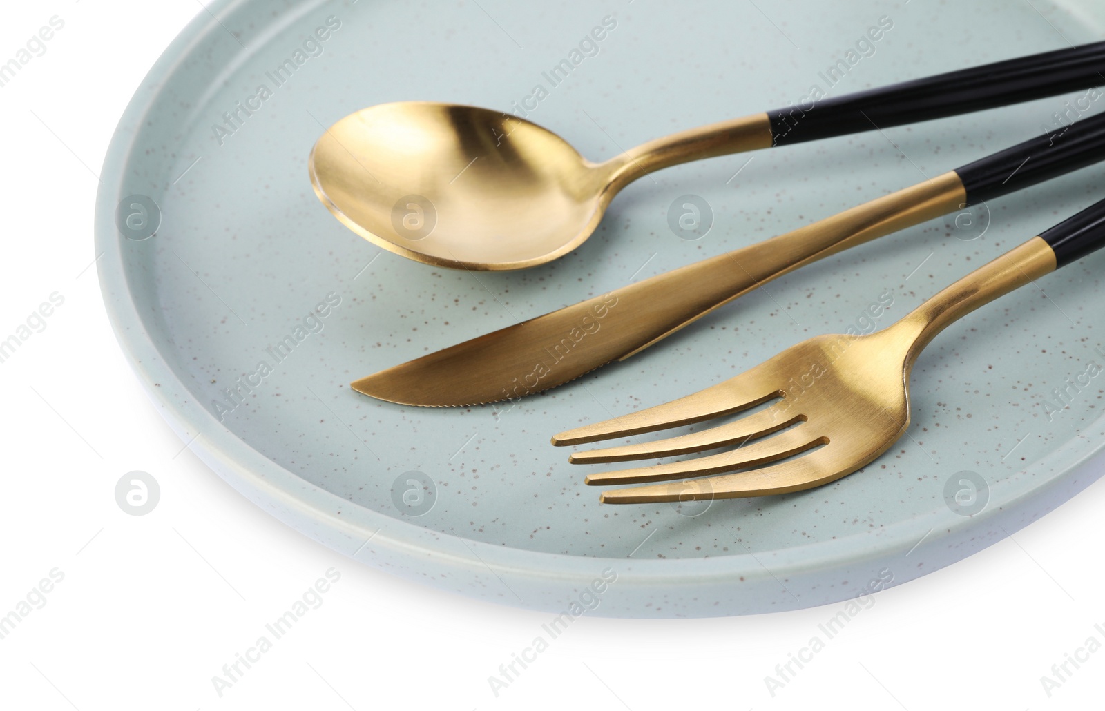 Photo of Beautiful plate with cutlery on white background