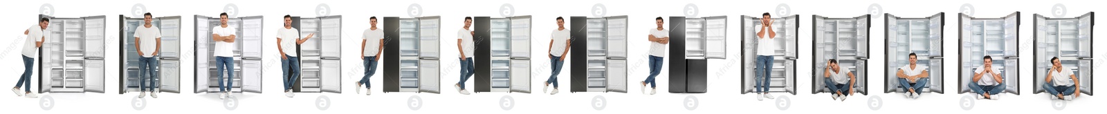 Image of Collage of man near open empty refrigerators on white background