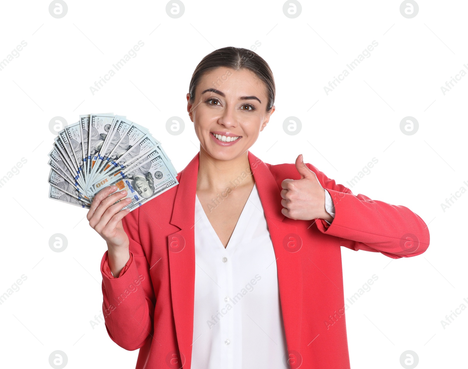 Photo of Portrait of young woman holding money banknotes on white background