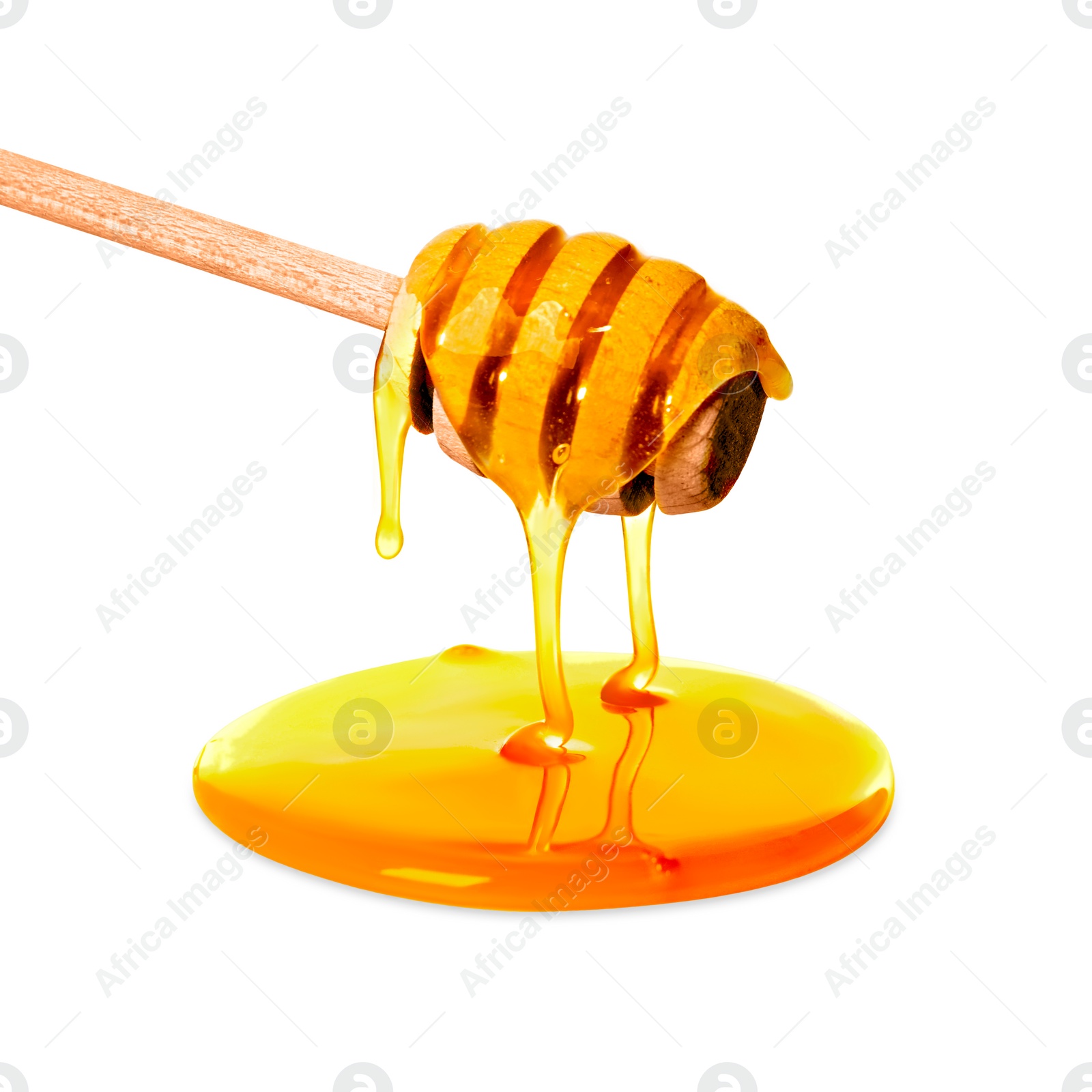 Image of Natural honey dripping from dipper on white background