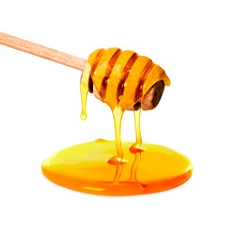 Image of Natural honey dripping from dipper on white background