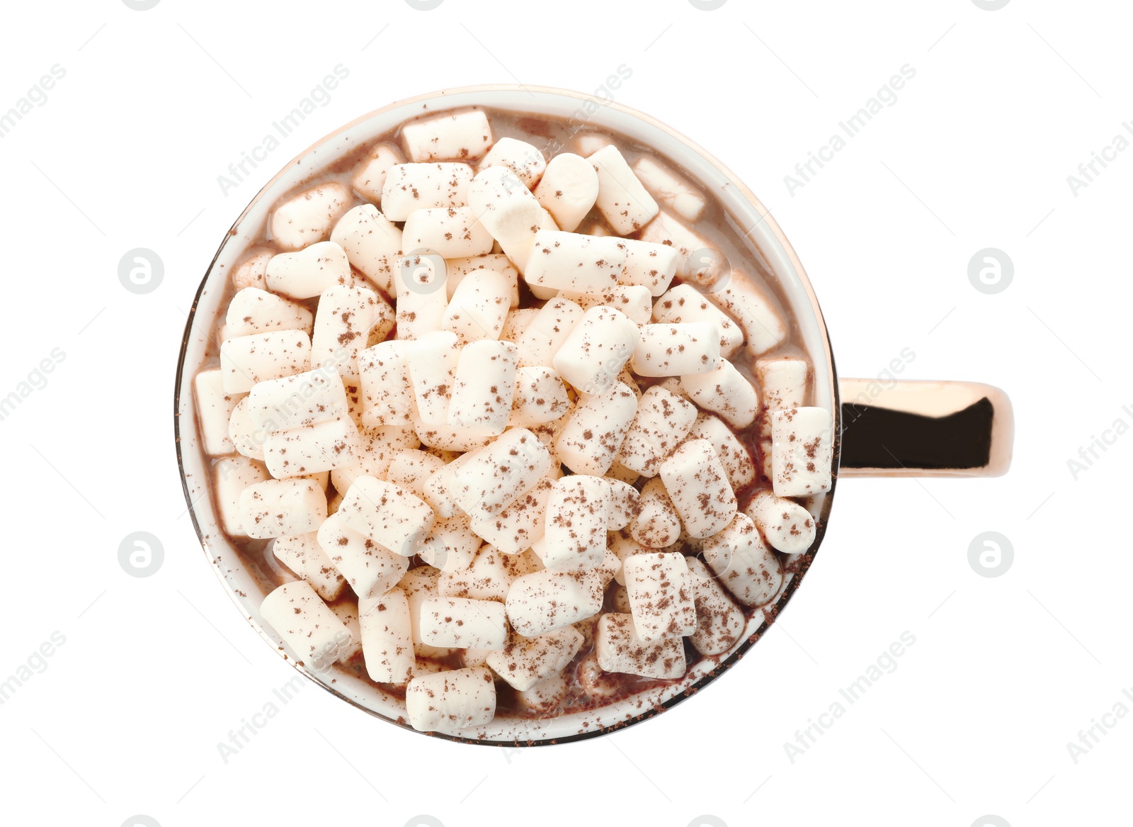 Photo of Delicious cocoa drink with marshmallows on white background, top view