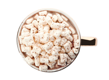 Delicious cocoa drink with marshmallows on white background, top view