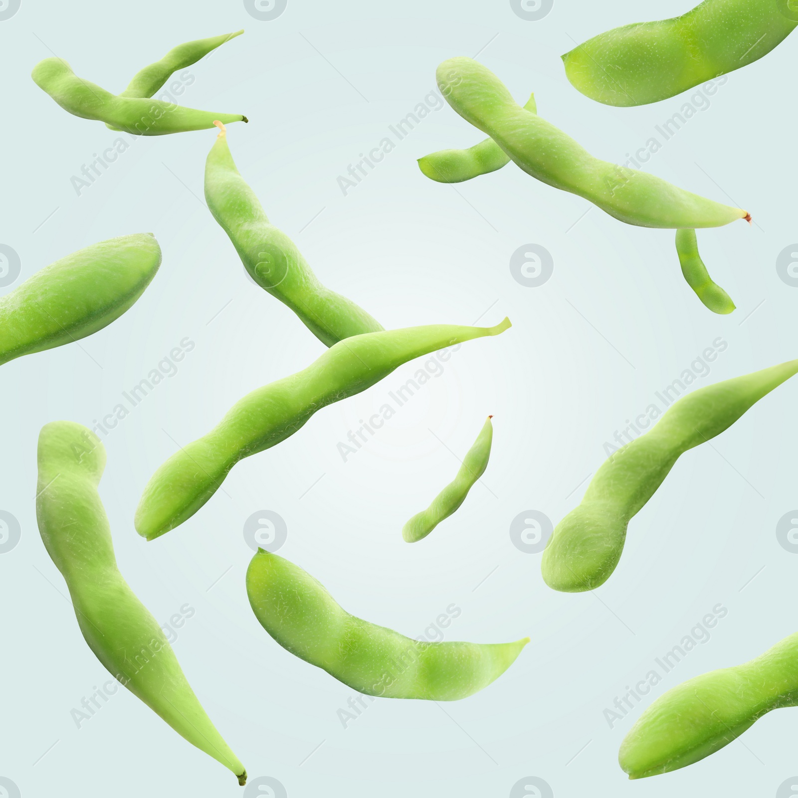 Image of Green edamame pods falling on light aquamarine background