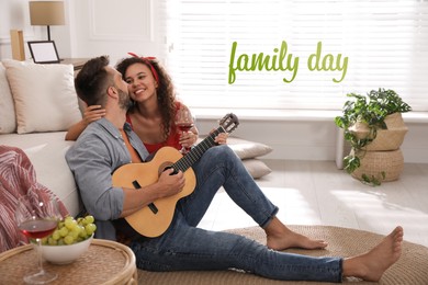 Image of Lovely couple with guitar spending time together at home. Happy Family Day