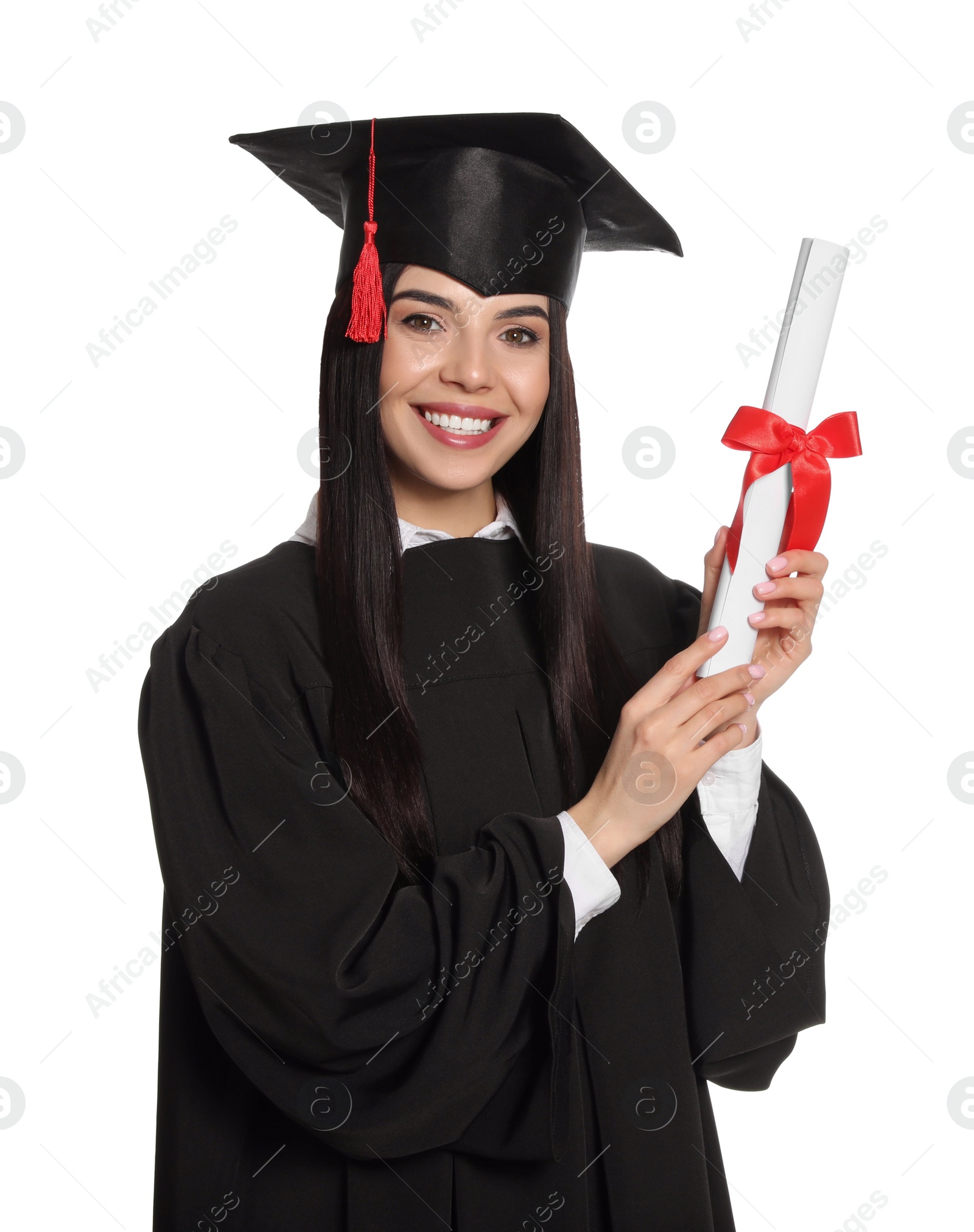 Photo of Happy student with graduation hat and diploma on white background