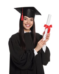 Photo of Happy student with graduation hat and diploma on white background