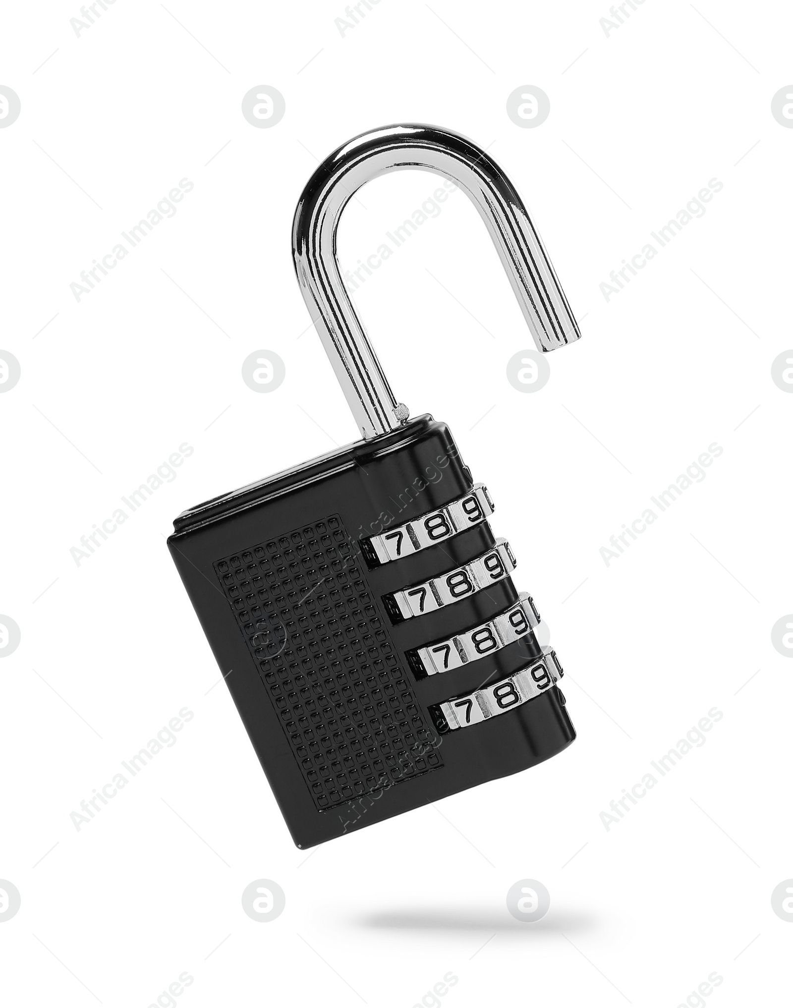 Photo of Unlocked steel combination padlock isolated on white