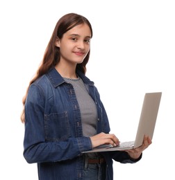 Teenage student with laptop on white background