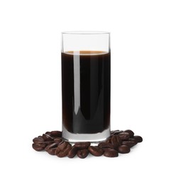 Photo of Glass with coffee liqueur and beans isolated on white