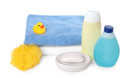 Photo of Baby cosmetic products, bath duck, sponge and towels isolated on white