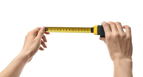 Woman with measuring tape on white background