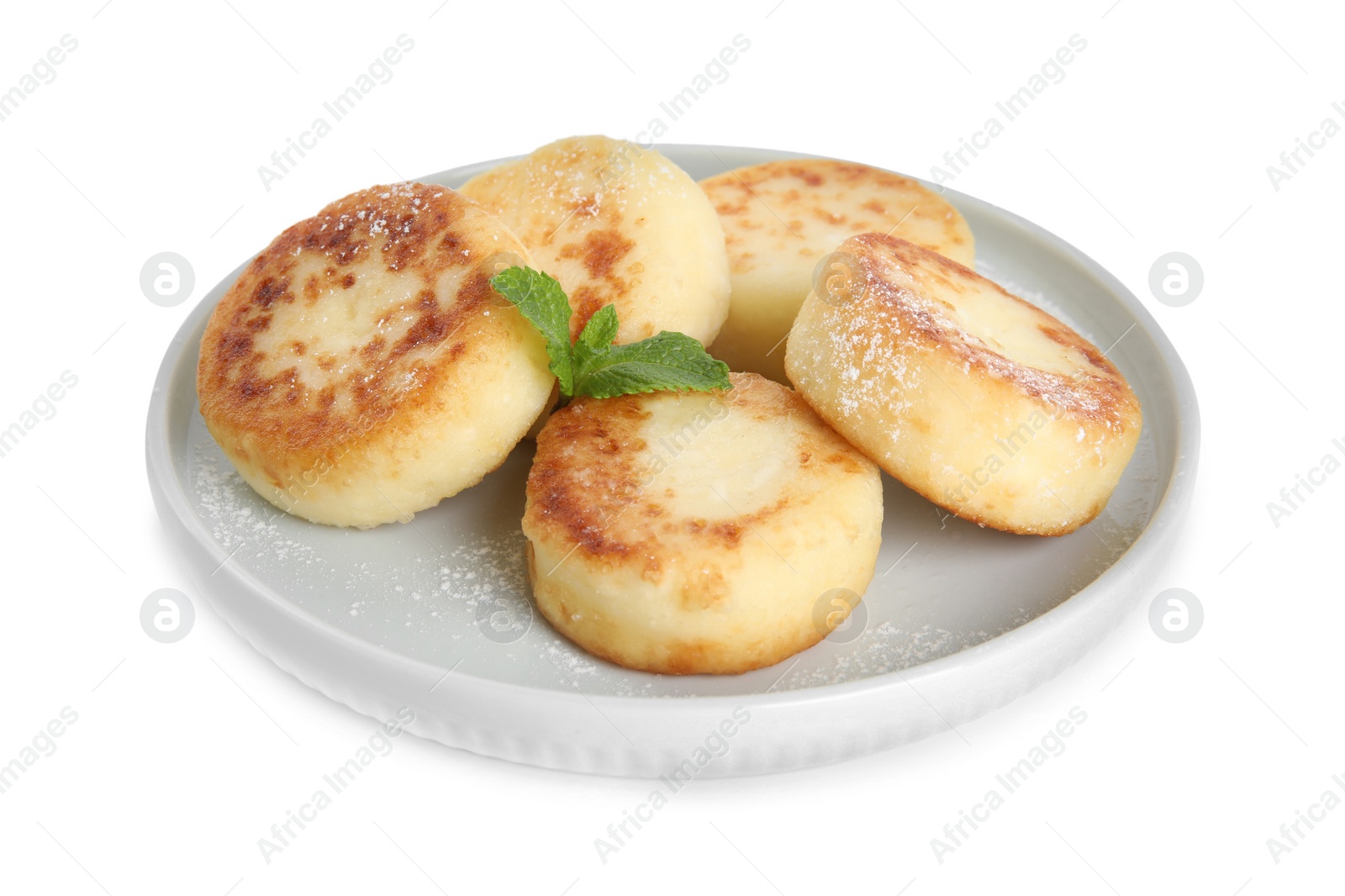 Photo of Delicious cottage cheese pancakes with mint and icing sugar isolated on white