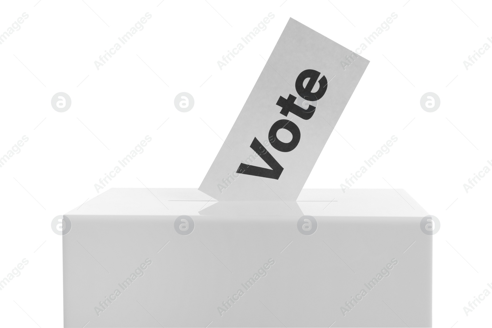 Photo of Ballot box with vote on white background. Election time