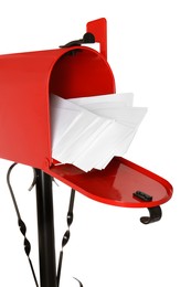 Photo of Red letter box with envelopes on white background