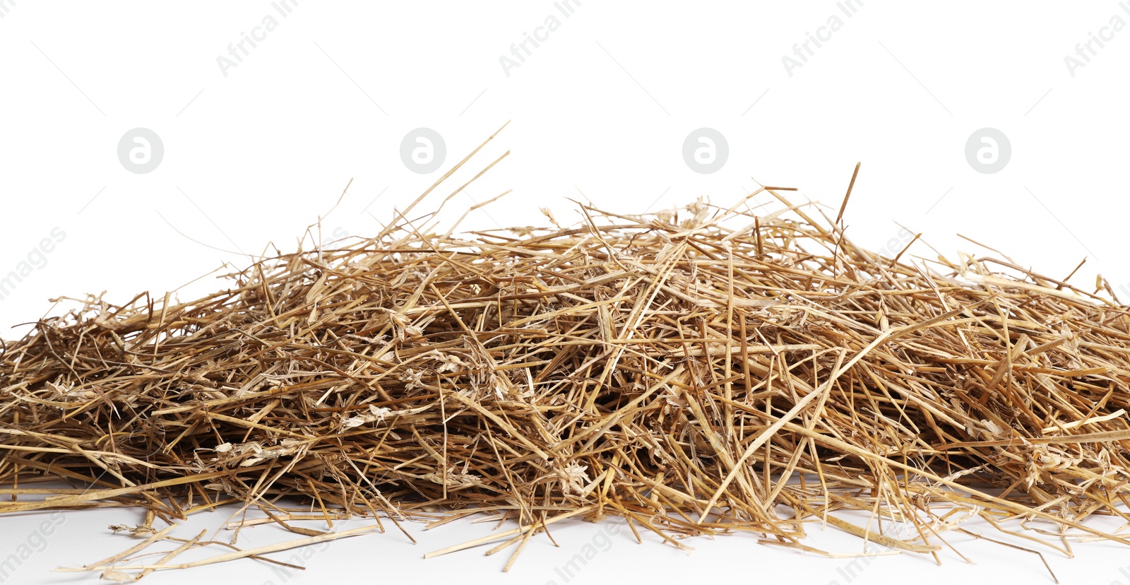 Photo of Dried straw isolated on white. Livestock feed