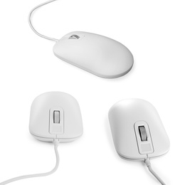 Modern computer mouse on white background, views from different sides