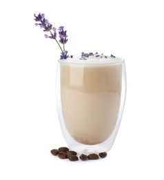 Delicious coffee  with lavender and beans on white background