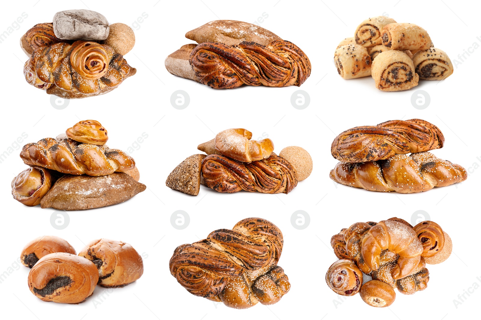 Image of Set of different pastries with poppy seeds on white background