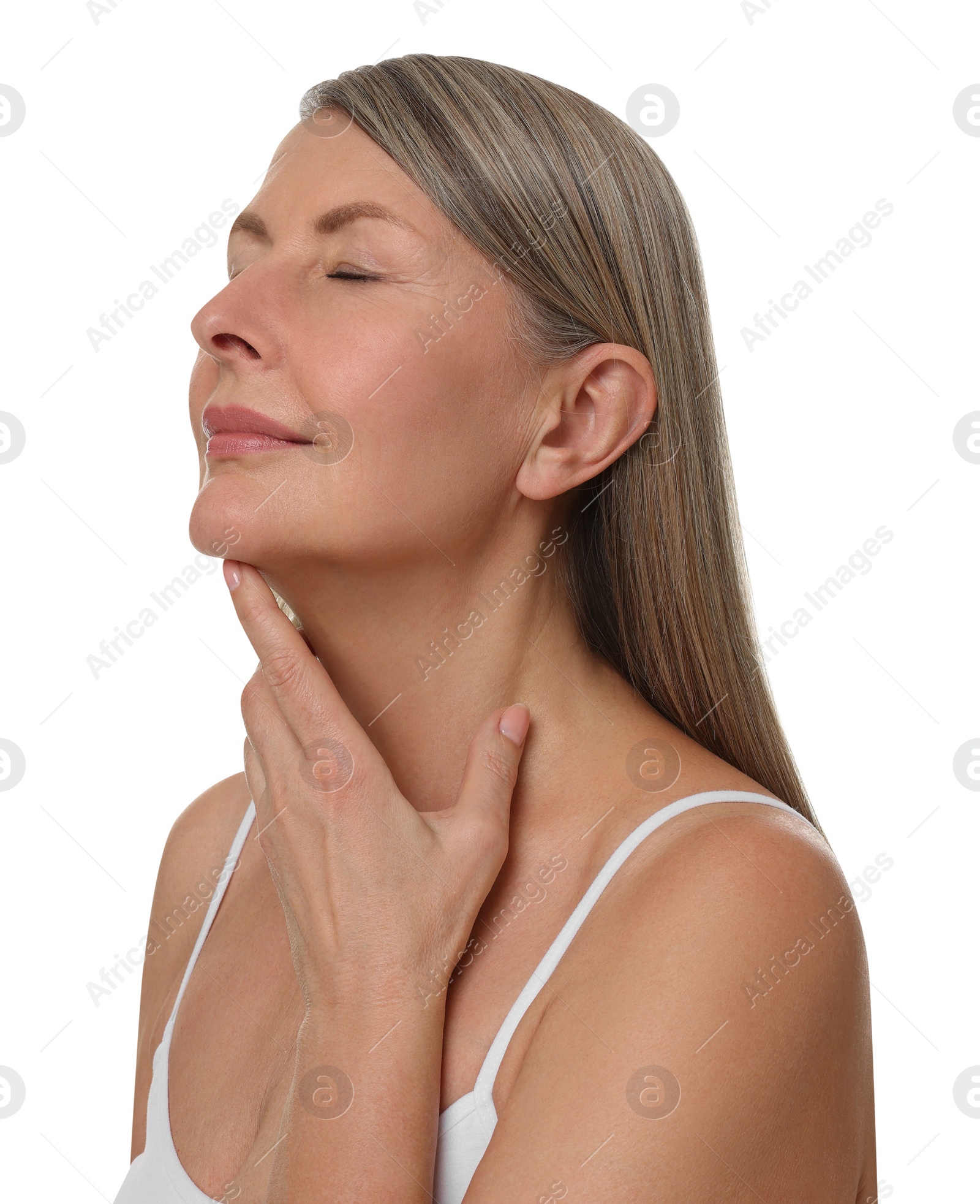 Photo of Beautiful woman touching her neck on white background