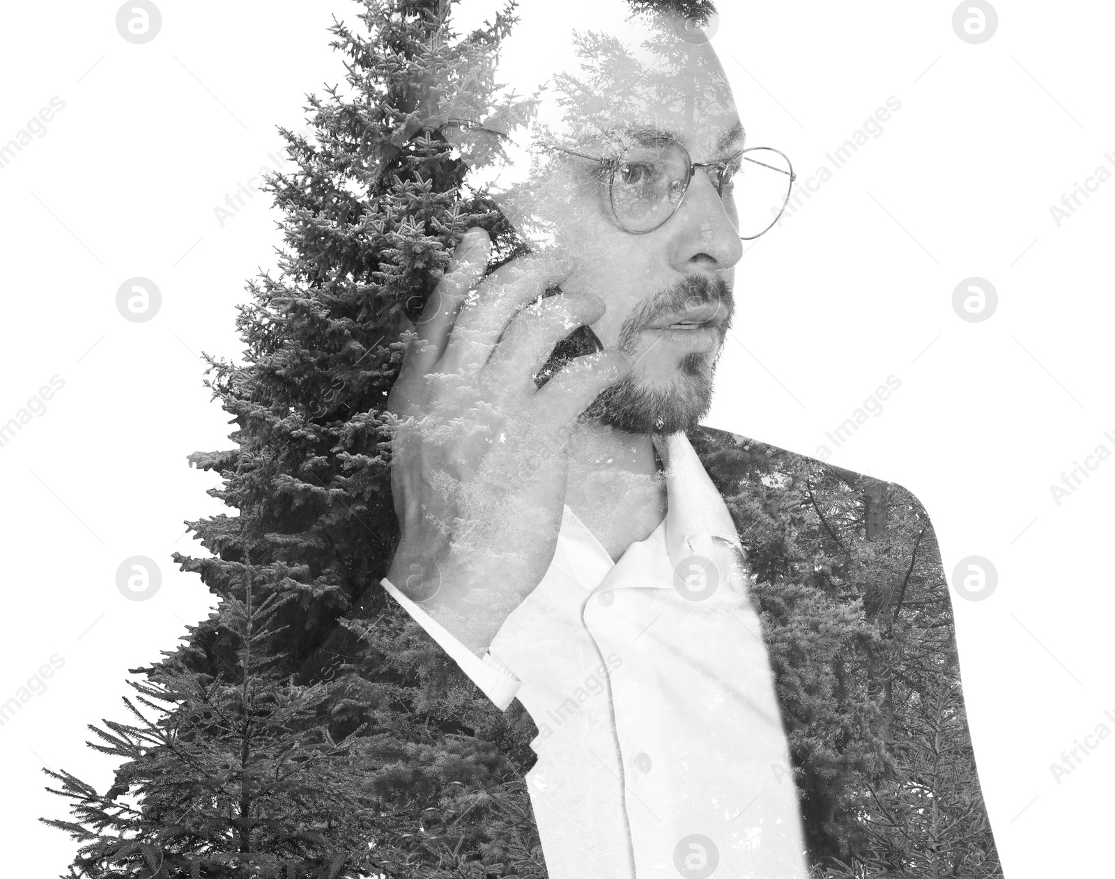 Image of Double exposure of businessman and trees on white background, black and white effect