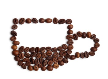 Photo of Cup of drink, composition made with coffee beans isolated on white, top view