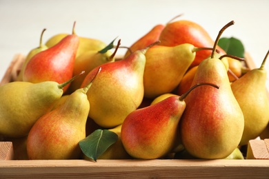 Photo of Wooden crate with ripe pears on light background, closeup